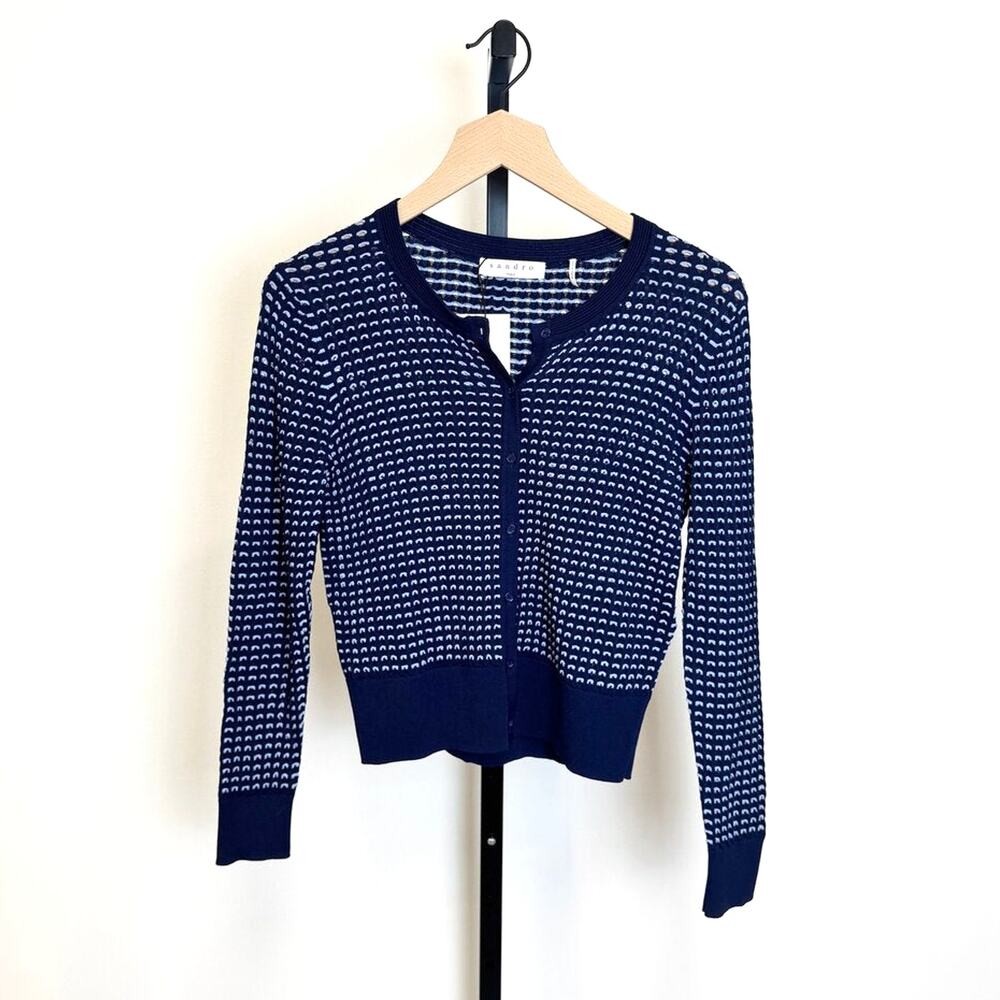 Sandro Navy Light Blue Knit Button Up Crewneck Cardigan 1 Viscose White Top